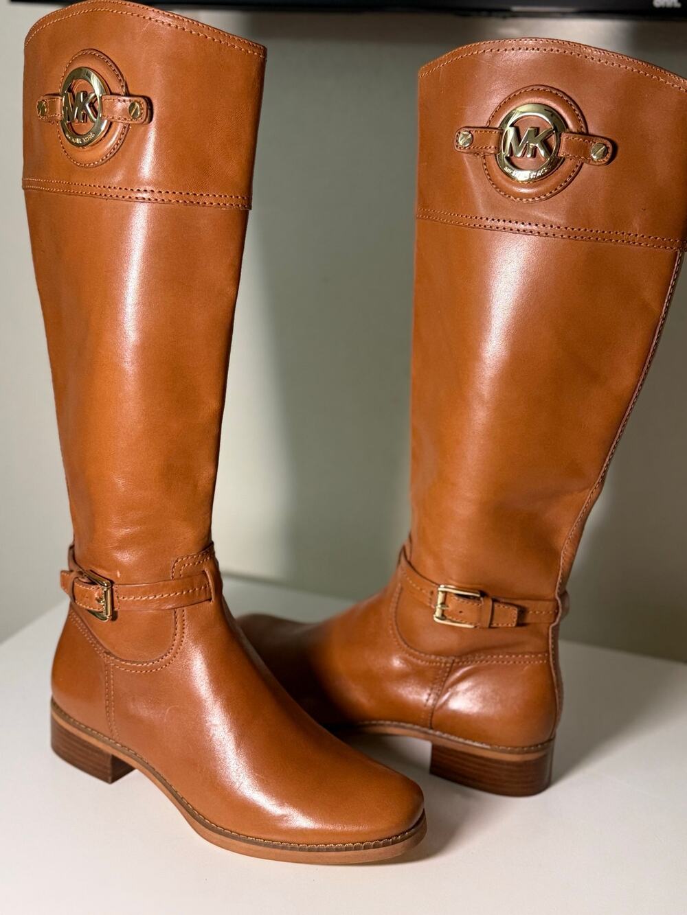 Michael Kors Brown Leather Knee High Riding Boots Gold Logo Size 8.5